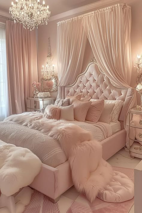 Give her a royal atmosphere with these 20 princess-themed girls' bedroom ideas. Each design transforms everyday spaces into regal chambers fit for a young princess, featuring luxurious fabrics and regal decor. Visit our website to choose a majestic theme she will adore! Room Decor Ideas Princess, Princess Dream Room, Royal Room Design, Princess Room Design, Luxurious Pink Bedrooms, Room Inspo Princess, Luxury Room Bedroom Pink, Pink House Interior Design, Fantasy Princess Bedroom