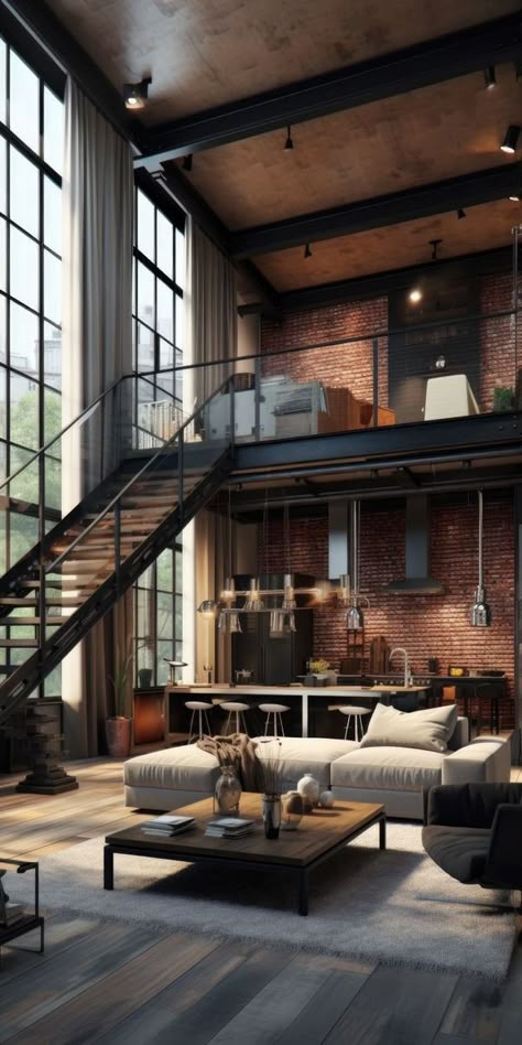 Nyc Apartment Industrial, Industrial Comfort Room Design, New York Loft Interior Design, Man Loft Ideas, New York Loft Apartment Interior Design, 1 Bedroom Loft Apartment, Industrial Modern Design Interiors, Industrial Concept Interior, Loft Apartments New York