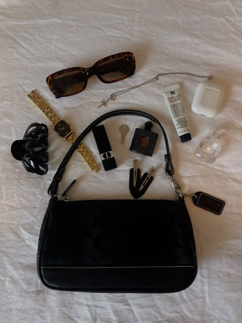 purse, aesthetic, trinkets, dior, coach, ysl, watch, women, girls, pinterest, sunglasses, clip, airpods, mini purse Purse Pictures Ideas, Purse Aesthetic Photo, Aesthetic Purse Pictures, Small Black Purse Aesthetic, Black Purse Aesthetic, Dark Academia Aesthetic Purses, Coach Purse Aesthetic, Coach Bag Aesthetic, Mini Purse Aesthetic