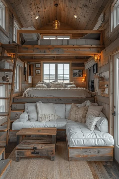 Tiny House Window Seat, Bunkhouse Interior Ideas, Shed Room Ideas Bedrooms, Bunkie Interior Ideas, Bunk House Ideas Cabin, Charming Cottage Interior, Shed Bunkhouse Ideas, Tiny Home Cabin Interior, Bunkie Ideas Interiors