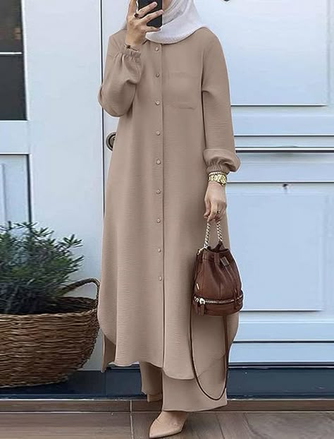 Abaya With Pants Outfit, Muslim Clothes For Women, Long Tops Designs For Muslims, Muslim Dress Design, Long Shirts For Women, Islamic Dress For Women, Fancy Robes, Muslim Long Dress, Baggy Dress