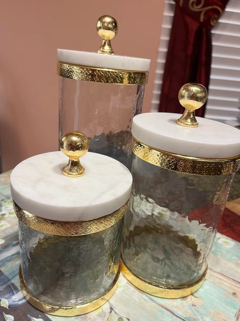 Amazon.com: Godinger Canister Storage Container, Glass Storage Canister, Marble with Gold Band - 4x8 : Home & Kitchen Storage Jars Ideas, Large Glass Canisters, Marble With Gold, Owl Kitchen, Kitchen Counter Decor, Brass Kitchen, Glass Canisters, Gold Kitchen, Storage Canisters