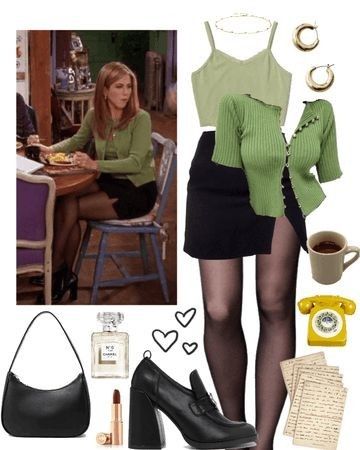 Rachel Green Green Outfit, Rachel Style Friends, Rachel Green Christmas Outfit, Outfit Ideas Rachel Green, 90s Green Outfit, Friend Rachel Outfits, Rachel Green Spring Outfit, Rechal Green Outfits, 90s Friends Outfit