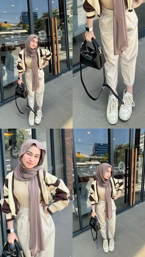 Outfit Cardigan Hijab, Outfit Study Tour, Ootd Korean Style Hijab, Ootd Simple Hijab, Outfit Hijab Ideas, Outfit Ngampus, Ootd Hijab Style, Outfit Ideas Hijab, Ootd Korean Style