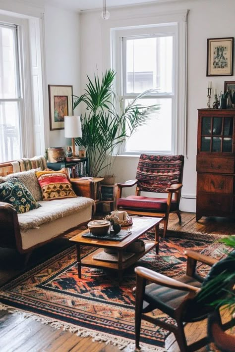 "Add a touch of bohemian flair to your living room with Vintage Boho Decor! 🛋️🌿 A great way to express your creativity and love for unique style. 🌿✨ #BohoLivingRoom #VintageInspiration #HomeStyle" Vintage Boho Living Room Retro, Retro Small Living Room, Big Boho Living Room, Vintage Living Room Apartment, Boho Art Deco Living Rooms, Vintage Boho Furniture, Witchy Boho Living Room, Vintage Apartment Decor Living Room, White And Dark Wood Living Room