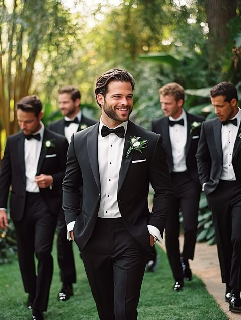 Sharp, stylish, and ready for the big day! Our groomsmen are the epitome of elegance in these perfectly tailored suits. Celebrating friendship and looking dapper every step of the way.   #GroomsmenStyle #WeddingElegance #SuitUp Black Suits Men Wedding, Groom Suit Tuxedo, Black Tux With Suspenders, Groom Suit Black Tie, Black Tuxedo With Tie, Grooms Men Black Suits, Formal Wedding Groomsmen, Black Groomsman Outfit, Wedding Party Tuxedo Groomsmen