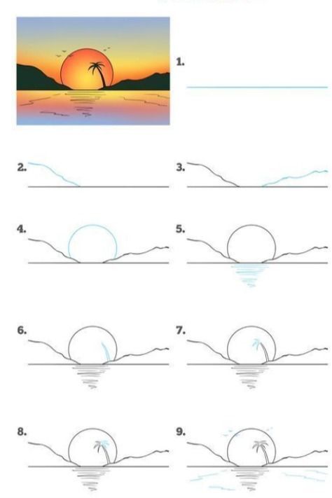 Sunset Drawing Easy Step By Step, Sunset Ideas Drawing, Landscape Drawing Easy Step By Step, Simple Beach Scene Drawing, Sunset Water Drawing, Art Sketches For Beginners Step By Step, Easy To Draw Beach Scene, Drawing Ideas Easy Sunset, Landscape Sunset Drawing