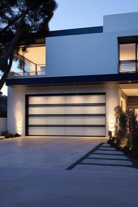 Exterior Garage Ideas: Modern and Discreet Door Design Modern Aluminium Garage Doors, Modern Coastal Garage Door, Classic Garage Design, Garage Door Remodel, Modern Garage Lights Exterior, Luxury Garage Doors, Modern Garage Doors With Windows, Garage Front Ideas, Exterior Garage Ideas