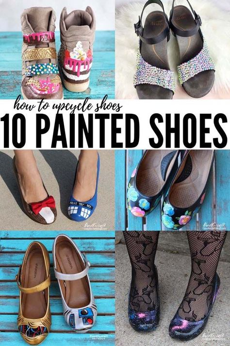 10 Upcycled Painted Shoes Glow Up DIY I love upcycled shoes! I love giving new life to clothing items so they don't just end up in the landfill. I am a big fan of the old adage: "Use it up, wear it out, make it do--or do without!" I have been upcycling and painting shoes for decades. Diy Shoe Refashion, Painted Boots Diy Ideas, Painting Shoes Diy, Upcycle Shoes Diy, Paint Shoes Diy, Old Shoes Diy, Diy Shoe Painting Ideas, Diy Shoes Makeover, Shoe Decorations Diy