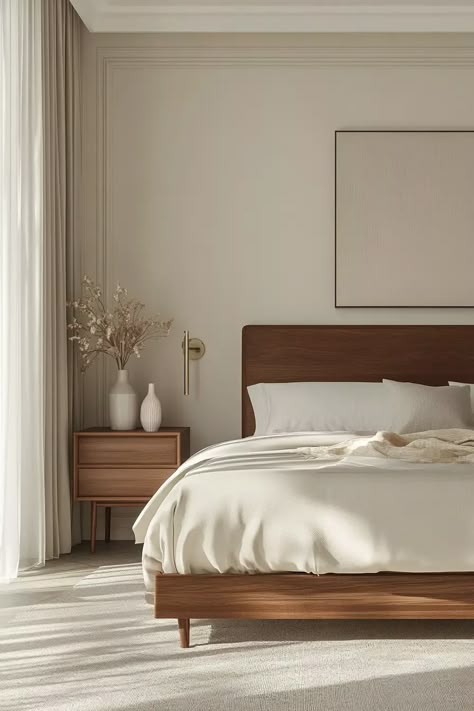 38 Elegant Mid Century Modern Bedroom Design Ideas | VIVA Bedroom Inspo Modern Minimalist, Apartment Interior Scandinavian, Minimalist Bedroom Mid Century, Bedroom Decor Minimalist Modern, Vacation Home Bedroom, Japandi Primary Bedroom, Neutral Eclectic Bedroom, Japandi Master Room, Japandi Modern Bedroom