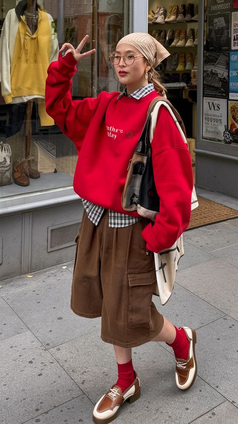 Plaid Shirt Winter Outfit, Cool Streetwear Women, Khaki Pants Red Shirt Outfit, Vintage Fashion Ideas, Women Street Styles Outfit Casual, Cool Outfits With Jeans, Dress And Button Up Shirt Outfit, Bandana Outfit Winter, Cool Outfit Aesthetics