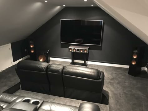 Attic Theater Room Ideas, Attic Office And Tv Room, Gaming Room Attic, Slanted Ceiling Game Room, Attic Gaming Room Ideas, Man Cave Attic Ideas, Attic Home Theater, Man Cave Loft Ideas, Attic Tv Room Sloped Ceiling