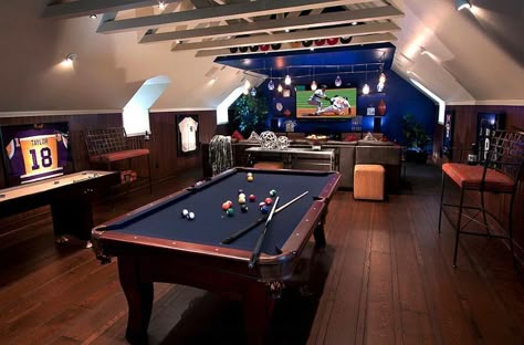 Ever thought of converting your attic game room into a luxurious man cave? This is an awesome example!  #attic #gamesroom #mancave Attic Game Room, Attic Man Cave, Man Cave Designs, Man Cave Games, Man Cave Design, Attic Ideas, Man Cave Home Bar, Video Game Rooms, Game Room Ideas