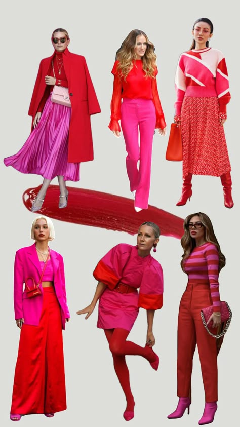 Pink and red outfit inspiration #pink #red #outfitinspiration Pink And Red Skirt Outfit, Pink Red Clothes, Magenta Pink Outfit Ideas, Pink And Red Work Outfit, Pink Red Dress Outfit, Red And Pink Dress Outfit, Pink Red Fashion, Pink And Red Christmas Outfit, Pink And Red Winter Outfit