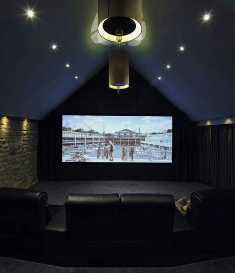 Attic movie room Attic Cinema Room, Attic Movie Room, Attic Media Room, Attic Theater, Attic Game Room, Cozy Attic Bedroom, Movie Theater Rooms, Home Theater Room Design, Theater Room Design