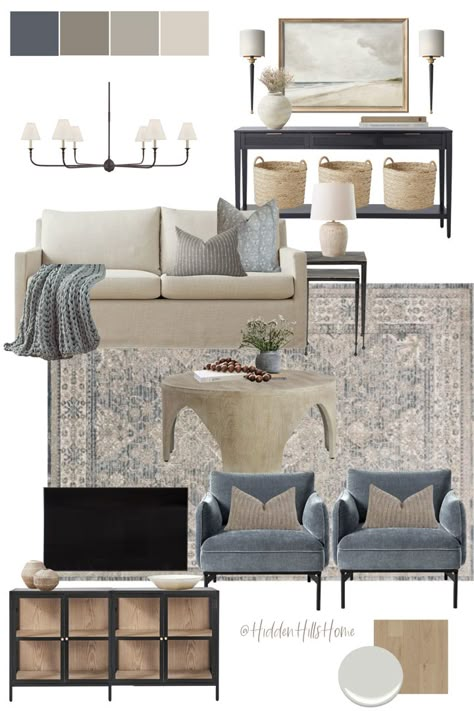 Coastal living room decor mood board with beige, blue and black tones throughout! This living room inspiration would be beautiful in a beach house or a lake home Navy Living Rooms, Beige Living Rooms, Living Room Color Schemes, Transitional Living Rooms, Neutral Living Room, Coastal Living Room, Blue Living Room, Living Room Grey, Living Room Inspo