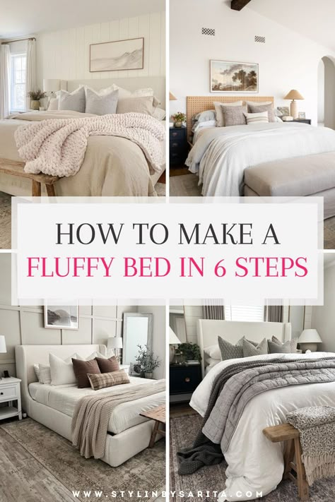 style a bed like a designer How To Make Bedding Look Fluffy, Making King Size Bed, Fluffy Layered Bedding, How To Make Your Comforter Fluffy, Stage Master Bed, How To Style A Queen Bed With Pillows, Master Bed Layering, Easy Bedding Ideas, Bed Blanket Aesthetic