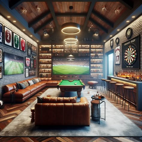 Immerse in the rustic allure of this spacious man cave, showcasing brick walls, a plush L-shaped couch, a high-tech TV plus sound system, and a stocked bar. Enjoy games on the mahogany pool table, darts, or soak in the sports memorabilia. #ManCave #SportsDen #HomeBar #LuxurySpaces #GameRoom #RusticDesign Media Room With Pool Table, Sports Lounge Ideas, Garage Family Game Room, Small Basement With Pool Table, Brick Wall Game Room, Industrial Game Room, Basement Pool Table Room, Hunting Room Design, Attic Game Room