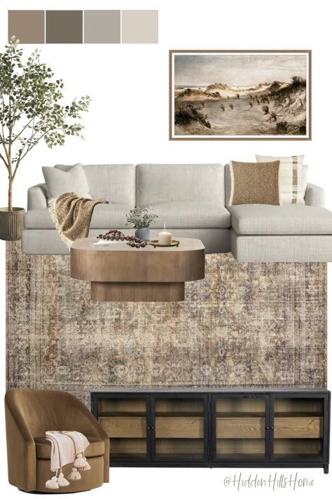 Modern transitional living room mood board featuring a cream sectional sofa paired with warm beige and brown tones! This living room also has a vintage inspired feel while still being upscale and inviting Room Decor Mood Board, Modern Transitional Living Room, Sofas Ideas Living Room, Organic Modern Living Room, Decor Mood Board, Organic Living Room, Sofa Design Ideas, Tv Unit Design Modern, Earthy Living Room