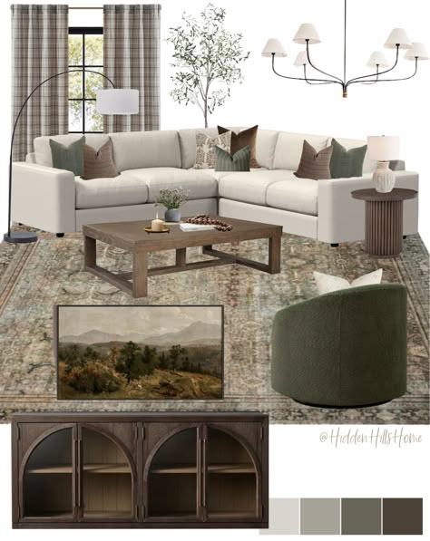 Family Room With Beige Sectional, Green As A Neutral, Organic Modern Green Living Room, Lounge Room Mood Board, Brown Green Cream Living Room, Modern Organic Living Room Sectional, Living Room Board Inspiration, Green Modern Farmhouse Living Room, White Living Room Brown Couch