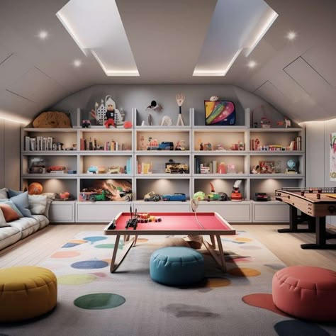 Ultimate Game Room Ideas for Perfect Gaming Experience Playroom Cinema Room, Game Room Family Room Ideas, Basement Rec Room Layout, Loft Gameroom Ideas Upstairs, Family Games Room Ideas, Slanted Ceiling Game Room, Game Area In Basement, Unique Family Room Ideas, Game Room Playroom Combo