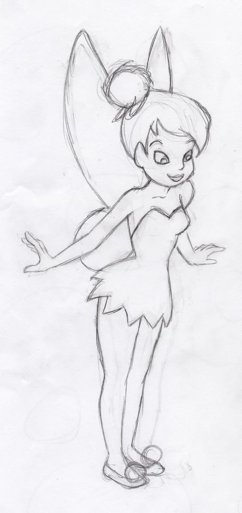 Tinkerbell Easy Drawing, Tinkerbell Doodle, Disney Doodles Simple, Tinkerbell Sketch, How To Draw Tinkerbell, Drawing Ideas Disney, Tinkerbell Drawing, Disney Character Sketches, Disney Character Drawings