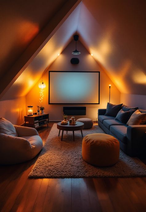 Small attic room ideas Tv In Loft Bedroom, Attic Cinema Room Ideas, Loft Conversion Cinema Room, Modern Attic Room, Games Room Attic, Attic Gaming Room Ideas, Loft Cinema Room, Cosy Cinema Room, Movie Basement Ideas