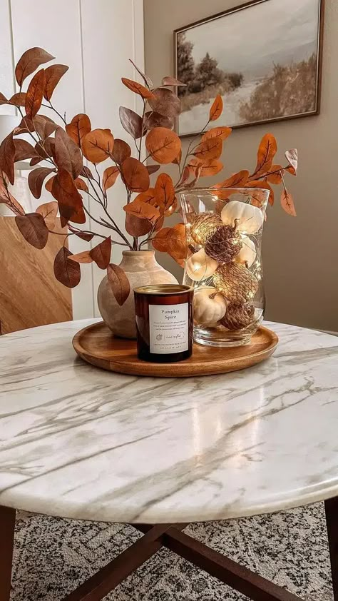 25 Fall Tray Decor Ideas That'll Make Your Home Insta-Worthy Autumn Centrepiece Ideas, Magnolia Fall Decor, Glass Vases Decor Ideas, Fall Tray Decor, Fall Apartment Decor, Fall Tray, Fall Room Decor, Easy Fall Decor, Cozy Fall Decor