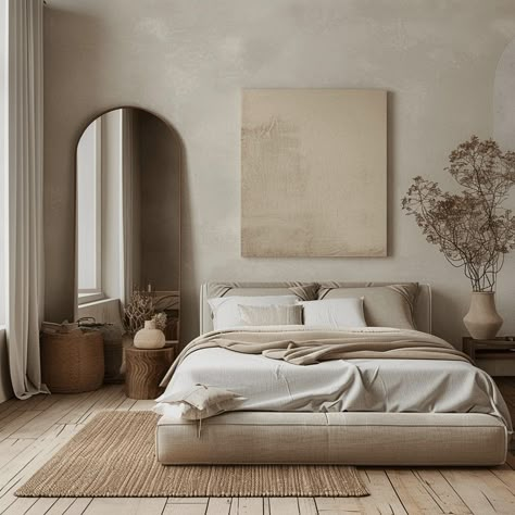 Diy Minimalist Bedroom, Bedroom Painting Studio, Big Space Bedroom Ideas, Decorating Tiny Bedrooms, Bedroom Ideas Minimalist Cozy Vintage, Soft Minimalist Interior, Serene Room Ideas, Tan Neutral Bedroom, Modern Cozy Aesthetic