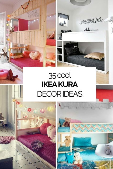 Some nice ideas to decorate a kids' room with IKEA KURA beds. They are cheap and awesome! Overbed Storage, Ikea Children, Ikea Loft, Ikea Loft Bed, Bed Ikea, Ikea Kura Bed, Murphy Bed Ikea, Storage Ikea, Furniture Ikea