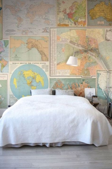 This is one of the worldly cute bedroom ideas. #flatdecor #uniflat #walldecor Bedroom Wallpaper Accent Wall, Map Collage, Ocean Currents, Vintage Bedroom Decor, Map Ideas, Flat Decor, Map Wallpaper, Cute Bedroom Ideas, Accent Wall Bedroom