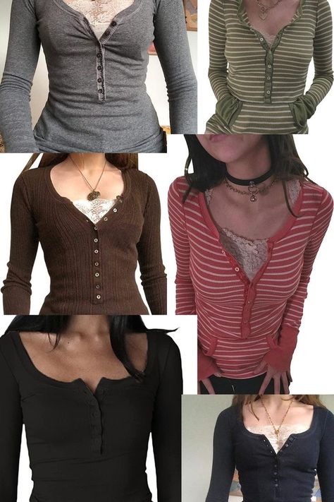 Clothes Style Y2k, Long Sleeve 2000s Top, Cute Fits On Amazon, Long Sleeve Henley Top, Y2k Longsleeves Outfit, 2000s Fashion Long Sleeve, Where To Get Long Sleeve Shirts, Y2k Shirts Long Sleeve, Grunge Tops Aesthetic