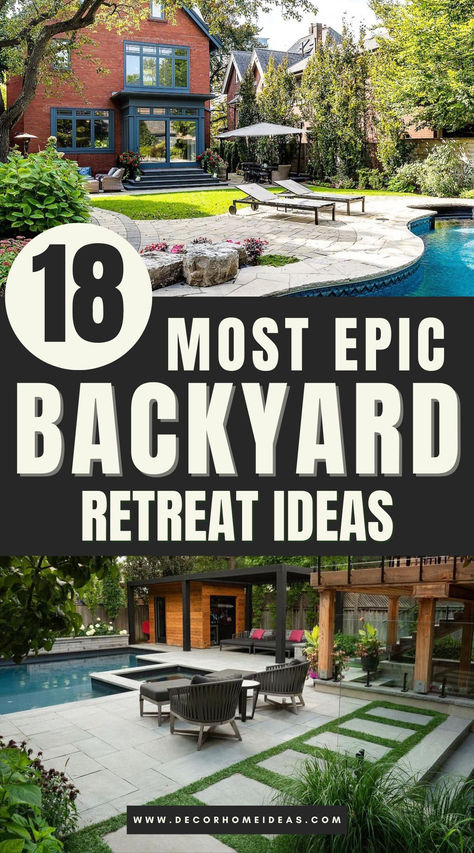 Discover 18 of the most epic backyard retreat ideas that will inspire you to transform your outdoor space into a haven of relaxation. From luxurious lounging areas to calming water features and fire pits, these designs offer everything you need to create your own private sanctuary. Explore now! Entertaining Yard Ideas, Crazy Backyard Ideas, Backyard Oasis Layout, Amazing Outdoor Living Spaces, Backyard Garden Oasis Landscaping Ideas, Relaxing Yard Ideas, Lush Arizona Backyard, High End Backyard Ideas, Outdoor Space Ideas Amazing Backyards