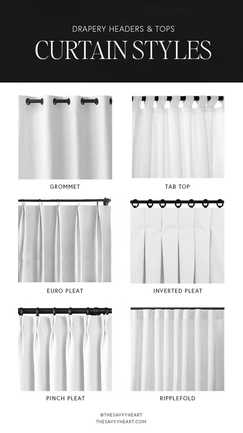 Different Drapery & Curtain Styles: What Types To Buy And Which Ones To Avoid | The Savvy Heart | Interior Design, Décor, and DIY Types Of Curtains Style, Curtain Styles Living Room, Curtain Pleats Styles, Bay Curtains, Types Of Interior Design Styles, Drapery Styles, Curtains Living Room Modern, Curtains Style, Drapery Designs