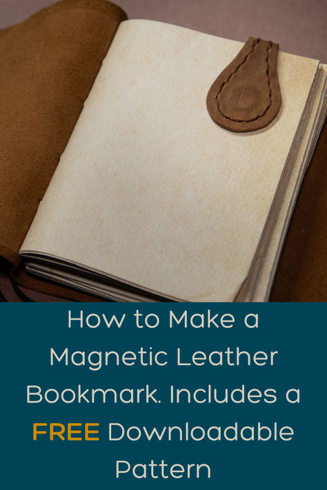 Brown leather bookmark attached to a book using magnets. Magnetic Leather Bookmark Diy, Cricut Leather Bookmark, Faux Leather Magnetic Bookmark Diy, Magnetic Book Marks Diy, Magnetic Bookmark Template, Leather Bookmark Diy, Magnetic Bookmarks Diy, Leather Bookmarks Handmade, Leather Magnetic Bookmark