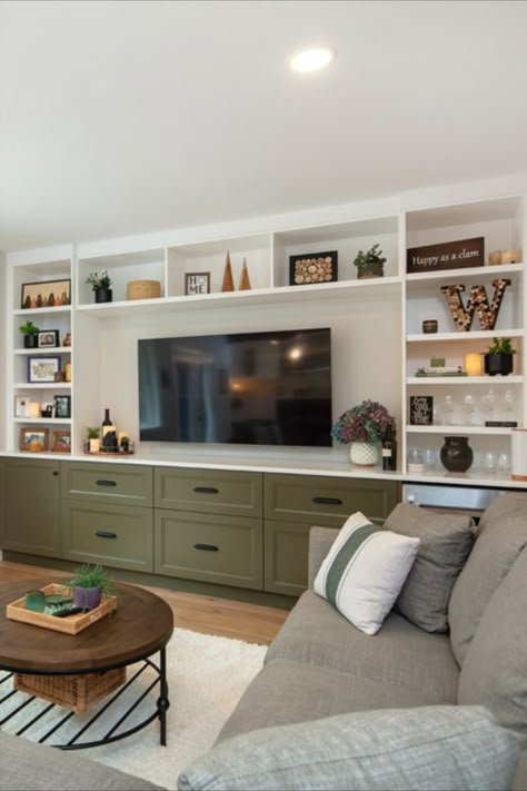 Living Room Lower Built Ins, Lower Cabinets With Open Shelving, Built In Cabinets Around Tv, Family Room Storage Cabinets, Living Room Storage Built In, Built In Cabinets Living Room With Tv, Living Room Wall Cabinet Ideas, Living Room Designs With Storage, Built In Tv Stand Living Room