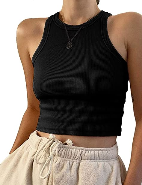 Black Cropped Tank, Solid Tank Tops, Tank Top Outfits, Black Crop Top, Crop Top Outfits, Crop Tank Top, Sport Tank Tops, Cropped Tops, Black Tank Top