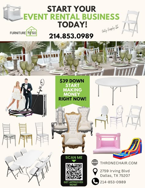 Furniture To Go - START YOUR EVENT RENTAL BUSINESS TODAY... Organizing Event Supplies, How To Start Event Decorating Business, How To Start A Decorating Business, Event Decor Rental Business, Equipment Rental Business, Event Furniture Rental, Party Rental Ideas Products, Event Decorator Business, Unique Party Rental Ideas