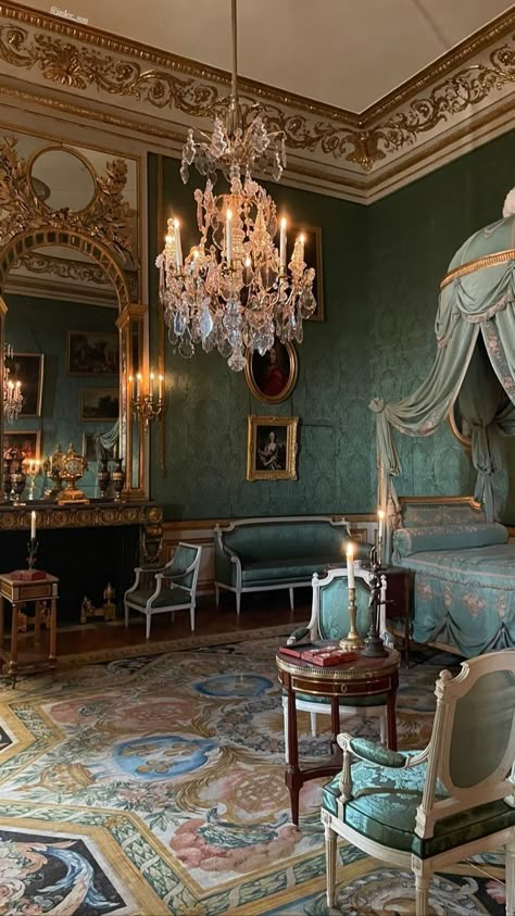 Victorian Palace Interior, Royal Palace Interior Bedroom, Victorian Castle Bedroom, Royal Castle Interior, Blue Victorian Bedroom, French Baroque Interior, Teal Room Aesthetic, 1910s Interior Design, Heeramandi Aesthetic