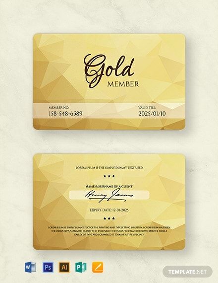 Instantly Download Free Gold Membership Card Template, Sample & Example in Microsoft Word (DOC), Adobe Photoshop (PSD), Adobe InDesign (INDD & IDML), Apple Pages, Adobe Illustrator (AI), Microsoft Publisher Format. Available in 3.5x2 inches + Bleed. Quickly Customize. Easily Editable & Printable. Membership Card Template, Membership Card Design, Vip Card Design, Gym Membership Card, Loyalty Card Design, Loyalty Card Template, Member Card, Vip Card, Id Card Template