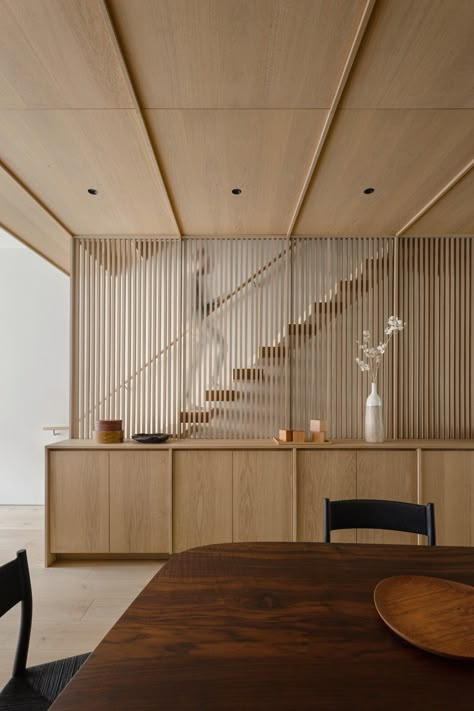 Wooden Panelling, New Staircase, Japanese Interiors, Japandi Interior, Oak Panels, Wooden Staircases, Large Dining Room, Staircase Design, Stairs Design