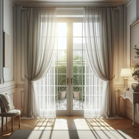 25 Stunning French Door Window Covering Ideas » HomeDecorFull Window Dressing Ideas Living Room, French Windows Bedroom, French Doors With Curtains, French Door Curtain Ideas, French Windows Living Room, Door Window Covering Ideas, French Door Window Coverings, French Window Curtains, Kitchen Door Curtains