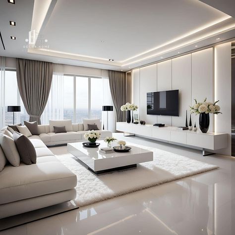 Contemporary White Living Room, Home Luxury Modern, Decor Home Living Room Apartment, Living Room Designs Big Windows, Long Living Room Designs, Modern Comfortable Living Room, Living Room Aesthetic Luxury, Living Dining Room Designs, White And Beige Living Room