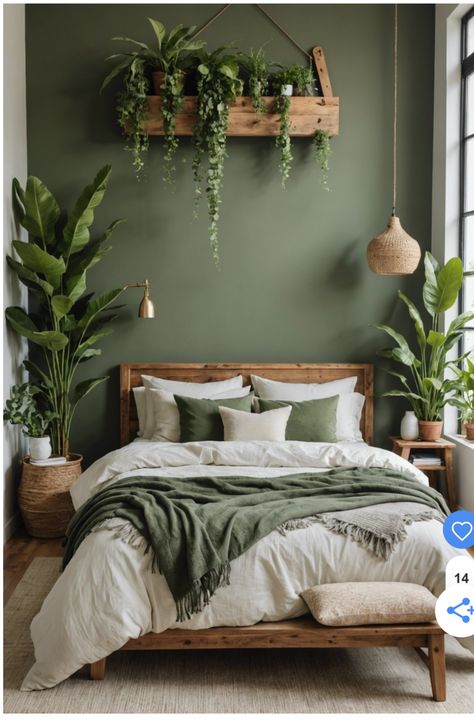 Sage Green Cozy Bedroom, Sage Color Bedroom Ideas, Aesthetic Room Decor Green, Small Bedroom Green Walls, Earth Green Bedroom, Sage Green And Burnt Orange Bedroom Ideas, Boho Bedroom Green Bedding, Green Wall Bedroom Decor, Green And Wooden Bedroom