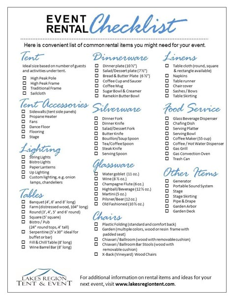 Today you can rent just about anything from a party rental provider. Use this checklist to plan what rental items you'll need for your party. Backyard Wedding Checklist, Rental Checklist, Rental Business Ideas, Party Rental Business, Wedding Budget Spreadsheet, Party Rental Ideas, Party Rentals Business, Event Checklist, Event Rental Business