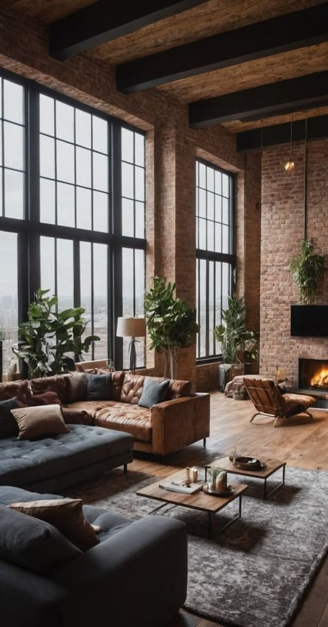 Lux Industrial Interior, Industrial Lodge Decor, New York Style Loft Apartment, New York Industrial Loft, Cozy Urban Living Room, Industrial Apartment Interior, Brick House Aesthetic Interior, Loft Style Living Room Interior Design, Industrial Cozy Living Room