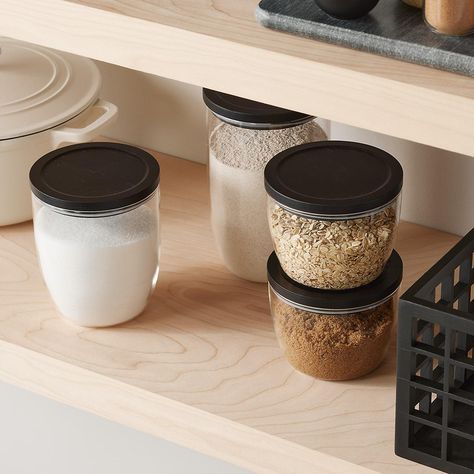 Marie Kondo Ink Black Modular Glass Canisters | The Container Store Tea Corner, Glass Containers With Lids, Spice Organization Drawer, Kitchen Dining Room Ideas, Ceramic Canisters, Glass Countertops, Home Remodels, Glass Spice Jars, Organizing Storage