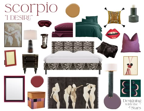 A sultry Scorpio bedroom design by Designing With the Stars, using sun sign characteristics. Scorpio Home Decor, Scorpio Interior Design, Scorpio Room Aesthetic, Scorpio Bedroom Aesthetic, Sagittarius Bedroom, Scorpio Bedroom, Sultry Bedroom, Evil Lair, Pisces Astrology