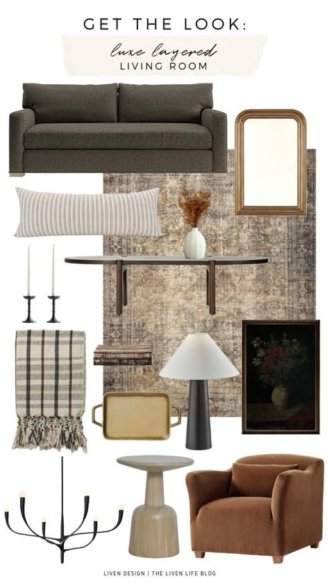 Get The Look: Moody Traditional Living Room — LIVEN DESIGN Mixed Modern And Vintage Living Room, Dark Taupe Couch Living Room, Adirondack Living Room, Moody Sitting Area, Formal Modern Living Room, Moody Modern Farmhouse Living Room, Transitional Modern Interior Design, Dark Transitional Living Room, Moody Transitional Decor