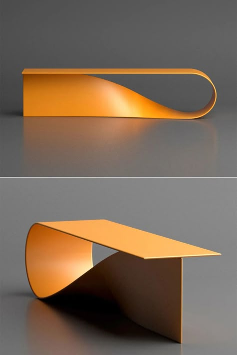 Deniz Aktay Bends Single Metal Stripe Into a Sculptural Low Coffee Table Interesting Furniture Creative, Bent Metal Furniture, Low Coffee Tables, Metal Art Furniture, Cool Table Designs, Organic Industrial Design, Interesting Shapes Design, Interior Product Design, Metal Furniture Design Modern